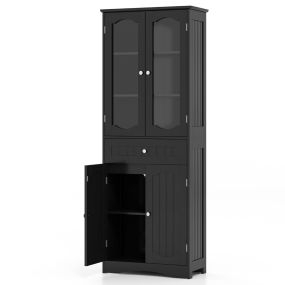 Armario alto de baño 160 cm con puertas de vidrio templado, estantes ajustables y cajón grande negro