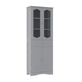 Armario alto de baño 160 cm con puertas de vidrio templado, estantes ajustables y cajón grande gris