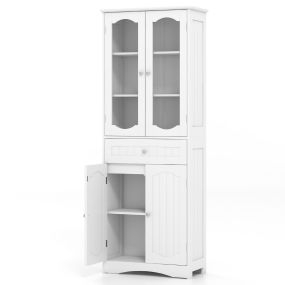Armario alto de almacenamiento para baño de 160 cm independiente blanco con puertas de vidrio, estantes y cajón