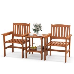 Juego de Mesa y Sillas de Bistró para Patio de 3 Piezas Asiento de Conversación de Madera para Exterior con Orificio para Sombrilla