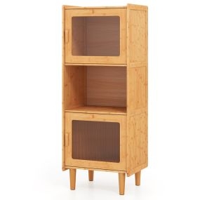 Gabinete de Bambú Estantería de Cocina con 3 Cubos y Compartmento Abierto 2 Puertas Acrílicas Librero Independiente Mueble Lateral Natural