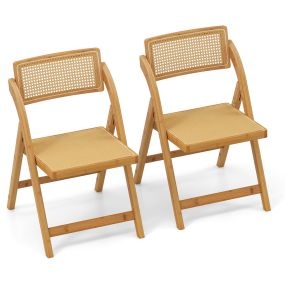 Juego de 2 Sillas Plegables de Ratán de Bambú para Comedor Silla Lateral para Cocina con Respaldo Rotatorio Silla de Acento Boho Natural