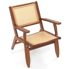 Silla Decorativa de Ratán Boho Sillón de Salón Moderno de Mediados de Siglo con Madera Maciza de Bambú Silla de Ocio de Lectura Nuez