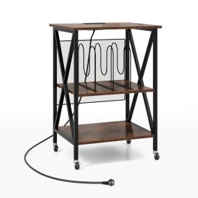 Mesa Lateral con Estructura Metálica y Separadores Soporte con Estación de Carga Integrada 52 x 45 x 75 cm-Marrón