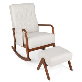 Silla Mecedora para Guardería Mecedora de Madera Tapizada con Respaldo Capitoné Asiento Acolchado y Bolsillo Lateral con Reposapiés Beige