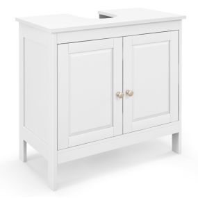 Armario bajo lavabo de baño independiente con 2 puertas, estante ajustable y recorte en U blanco