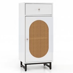 Mueble de almacenaje alto de madera blanco con puerta de ratán y cajón 40 x 30 x 90 cm