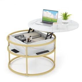 Mesa de Centro Elevable Mesa de Café Redonda de 80 cm con Compartimento Oculto y Estantes Laterales Blanco