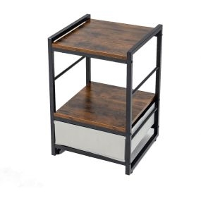 Mesita Auxiliar Industrial Mesa de Noche con Estante Abierto y Cajón de Tela Mesa Final Cuadrada de 40 cm para Salón Dormitorio Marrón