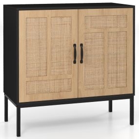 Armario de Almacenamiento con 2 Puertas de Ratán Natural Estante Ajustable en 3 Posiciones Patas Metálicas Kits Antivuelco Negro