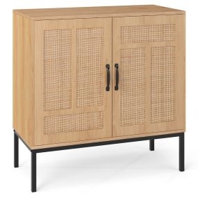 Armario de Almacenamiento con 2 Puertas de Ratán Natural Estante Ajustable en 3 Posiciones Patas Metálicas Kits Antivuelco Natural