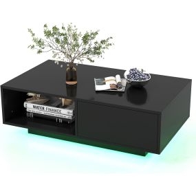 Mesa de Café LED Mesa de Centro Moderna de Alto Brillo con Compartimento Abierto y Cajón Mesa Central con Luces y Control Remoto Negro