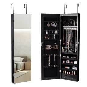 Gabinete de Joyería de Madera con Espejo de Pared y LED Interno 33,5 x 10 x 120 cm Negro