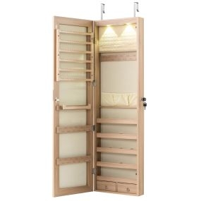 Espejo joyero con LED para colgar, organizador de puerta o pared, natural, 36 x 10 x 120 cm