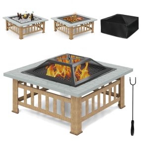 Mesa brasero de exterior 81 cm de madera 3 en 1 con parachispas, rejilla para leño y barbacoa, cobertura para lluvia gris