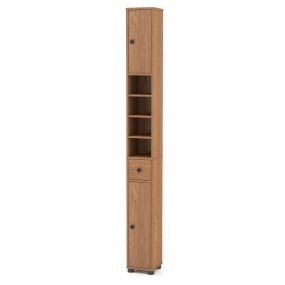 Armario alto estrecho para baño con 1 cajón y 5 estantes ajustables natural