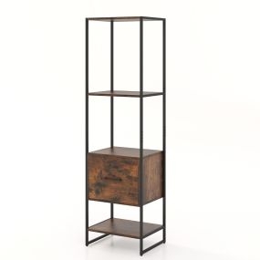 Estantería de 5 Niveles con Cajón Librería Alto y Estrecho con Estantes Marco de Metal Estante Independiente para Dormitorio Salón Marrón