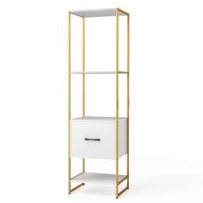 Estantería de 5 Niveles con Cajón Librería Alto y Estrecho con Estantes Marco de Metal Estante Independiente para Dormitorio Salón Blanco
