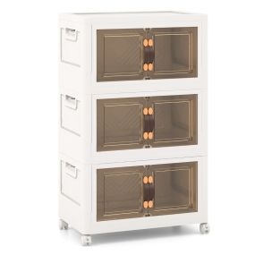 Paquete de 3 Contenedores Apilables con Puertas Ruedas Bloqueables y Tapas Plegables de PP para Dormitorio Blanco 49,5 x 31,5 x 86 cm
