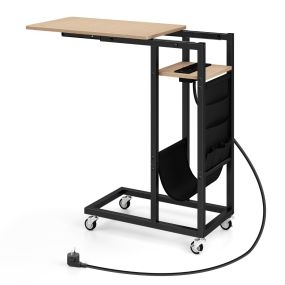Mesa Lateral en Forma de C con Superficie Retráctil y Estación de Carga Mesa de Noche Rodante Mesa para Sofá Salón Dormitorio Gris