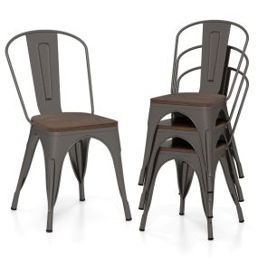 Juego de 4 Sillas de Comedor de Metal Apilables con Asiento de Madera y Respaldo Alto Desmontable Marrón Oscuro