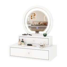 Organizador de maquillaje con espejo, 2 cajones, 3 colores de luz, táctil, 50 x 26 x 59,5 cm, blanco