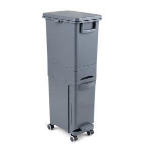Cubo de basura multifuncional con pedal, cajón e inclinable, 2 compartimentos, gris