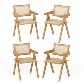Juego de 4 Sillas de Ratán de Comedor con Marco de Bambú Respaldo y Apoyabrazos de Imitación Caña para Cocina 50 x 52 x 81 cm Natural