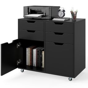 Cómoda de 4 cajones con gabinete y 2 puertas con 5 ruedas universales 73 x 40 x 64,5 cm negro