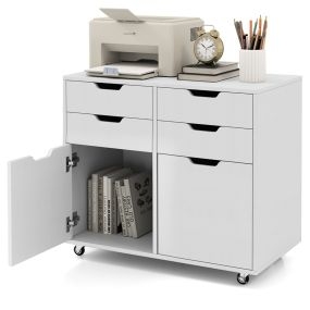 Cómoda de 4 Cajones con 2 Puertas Armario de Almacenamiento Móvil con 5 Ruedas Soporte para Impresora Móvil para Oficina Casa Blanco