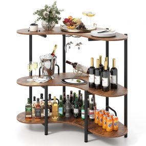 Mesa de Bar con Soportes para Copas y Estantes ini Bar Industrial con Marco Metálico 120 x 66 x 102 cm-Marrón