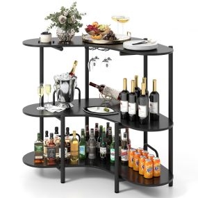 Mesa de Bar con Soportes para Copas y Estantes ini Bar Industrial con Marco Metálico 120 x 66 x 102 cm-Negro