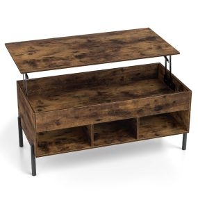 Mesa de Centro Elevable con Tablero Ajustable Amplio Compartimento Oculto y 3 Espacios Abiertos con Patas de Metal Café