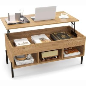 Mesa de Centro con Tapa Elevable Amplio Compartimento Oculto 3 Estantes Abiertos y Patas de Metal para Sala y Oficina Natural