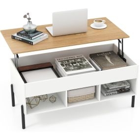Mesa de centro elevable con tablero ajustable, compartimento oculto y 3 espacios abiertos, patas de metal blanco