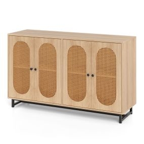 Aparador Buffet con 4 Puertas de Ratán Estantes Ajustables Patas Metálicas 2 Dispositivos Antivuelco para Comedor Cocina Salón Natural