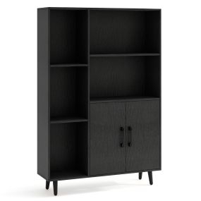 Estantería con Puertas Dobles Estante de Piso con 5 Compartimentos Abiertos Gabinete de Exhibición para Sala de Estar Estudio Negro