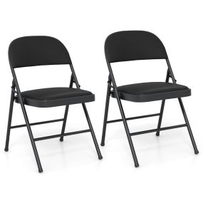 Juego de 2 Sillas Plegables con Estructura Metálica Silla de Jardín Silla de Camping de Cuero Sintético Sillas de Comedor Acolchadas Negro