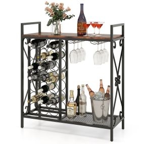 Estantería de Vino 21 Botellas Independiente con Soporte para Copas y Encimera de Madera 93 x 38 x 102 cm-Marrón
