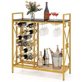 Estantería de Vino 21 Botellas Independiente con Soporte para Copas y Encimera de Madera 93 x 38 x 102 cm-Negro