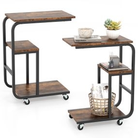 Juego de 2 Mesa Auxiliar en Forma de C Mesa de Sofá con Estantes Abiertos Mesa Lateral Industrial con Ruedas para Dormitorio Salón Marrón
