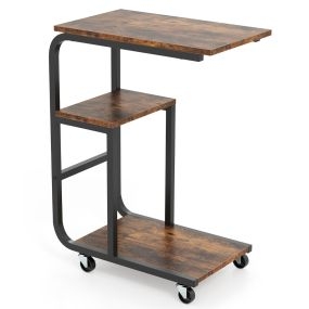 Mesa auxiliar en C con estantes abiertos y ruedas, estilo industrial, marrón