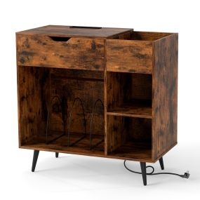 Soporte para Tocadiscos con Enchufe Estante de Tocadiscos con Cajón Mesa de Vinilos para Álbumes Estante de Exhibición para Salón Marrón