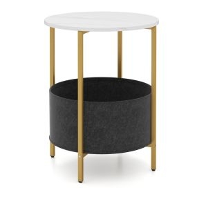 Mesa Auxiliar Redonda para Espacios Pequeños Mesa Lateral de 2 Niveles con Canasta de Tela Estructura de Metal para Salón Dormitorio Blanco