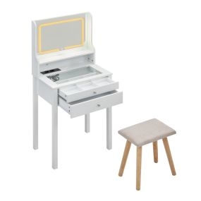 Tocador pequeño con espejo LED ajustable, enchufes, cajones, estante abierto y tapa de vidrio blanco