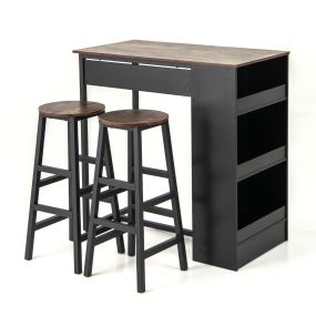 Juego de Mesa de Comedor de 3 Piezas Mesa de Bar Rústica con 3 Estantes y 2 Taburetes Juego de Mesa de Cocina Ahorra Espacio Marrón
