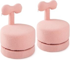 Juego de 2 Sillas Giratorias Infantiles Tapizadas en Terciopelo Teddy con Respaldo de Moño y Asiento Acolchado Base Antirrayaduras para Salón Rosa