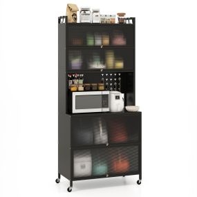 Armario de Cocina de 6 Niveles Armario Buffet con Estantes Puertas Abatibles Encimera para Microonda Estantería Aparador para Comedor Negro