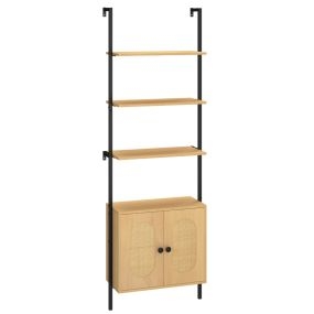 Estantería de 3 Niveles con Gabinete de Ratán con Estante Ajustable con Marco de Metal para Salón Oficina 60 x 30 x 184 cm Natural