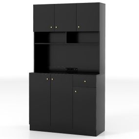 Mueble Despensa Alto 181 cm con Tomas de Corriente Puertos USB Kits Antivuelco Estantes Armario Buffet con Aparador para Comedor Negro